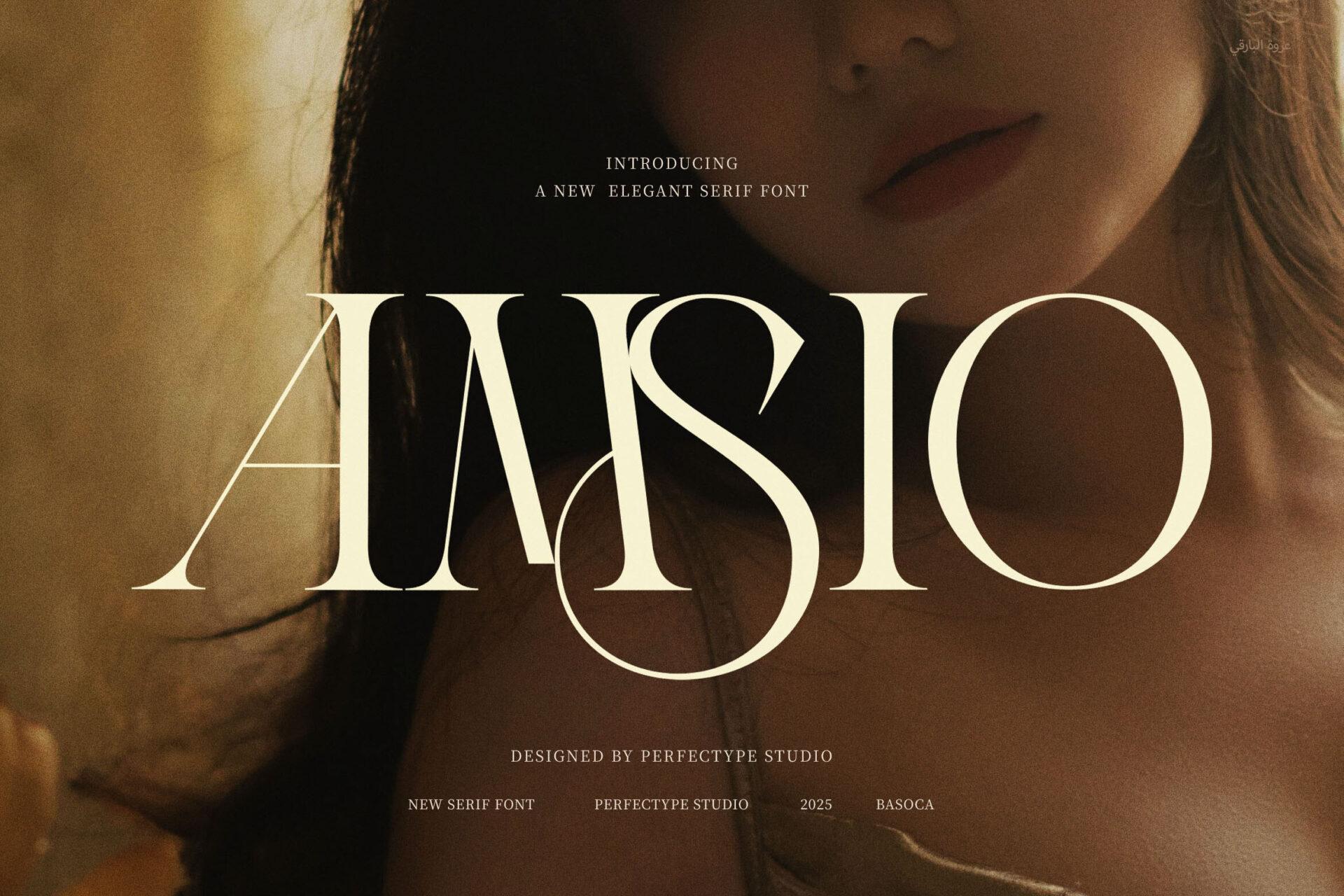 Amsio Elegant Serif Font preview, wide serif with ligatures style