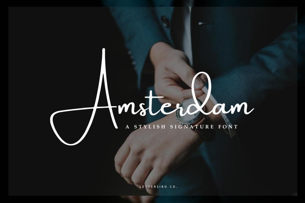 Amsterdam Font preview, thin signature with a long tail style