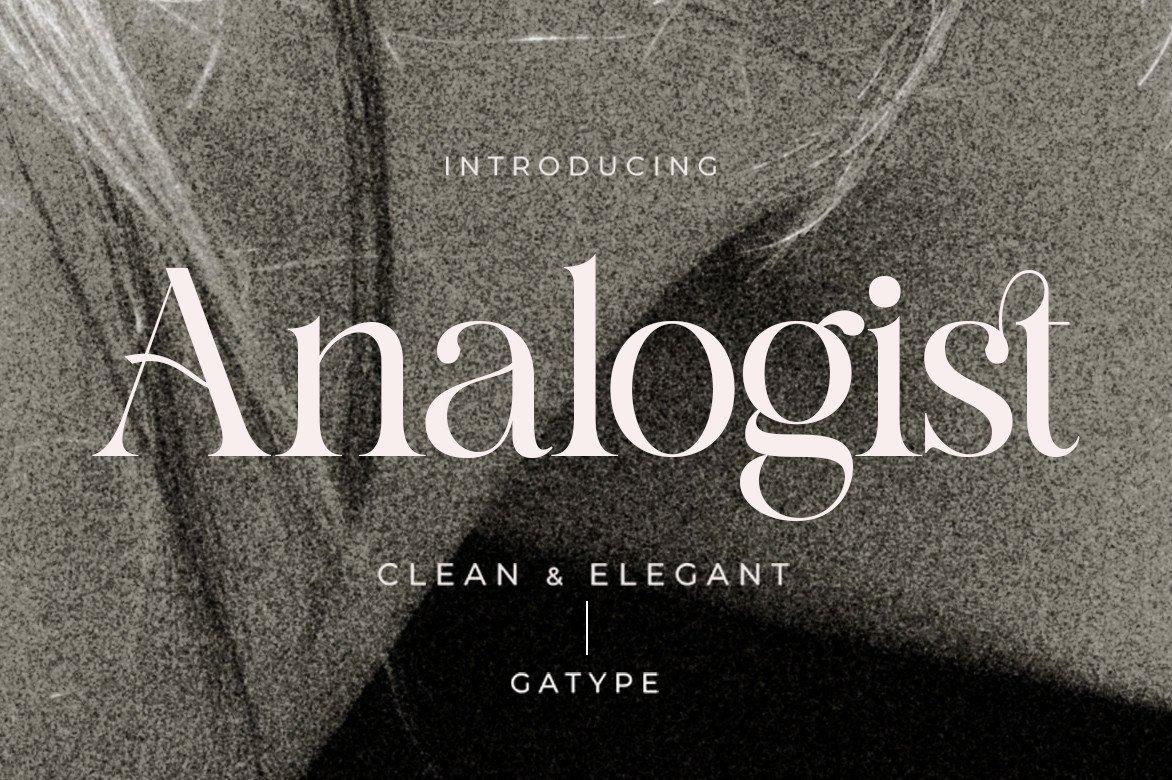 Analogist Font by gatype, refined serif title over a grey textured photo