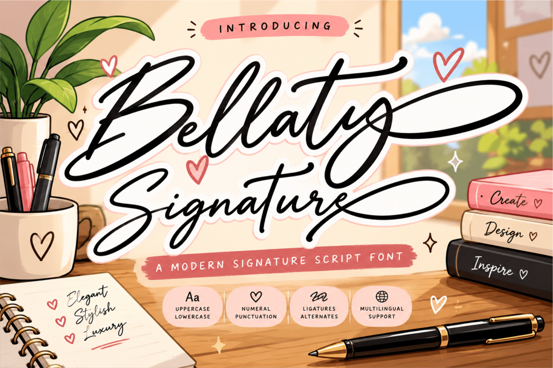 Bellaty Font by Raffa Creative, signature script with a long swash on a desk scene