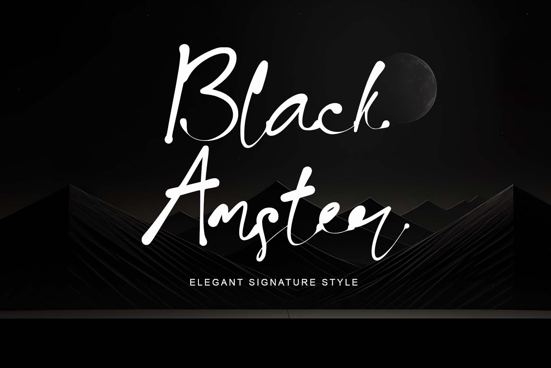 Black Amster Font preview, textured brush signature style