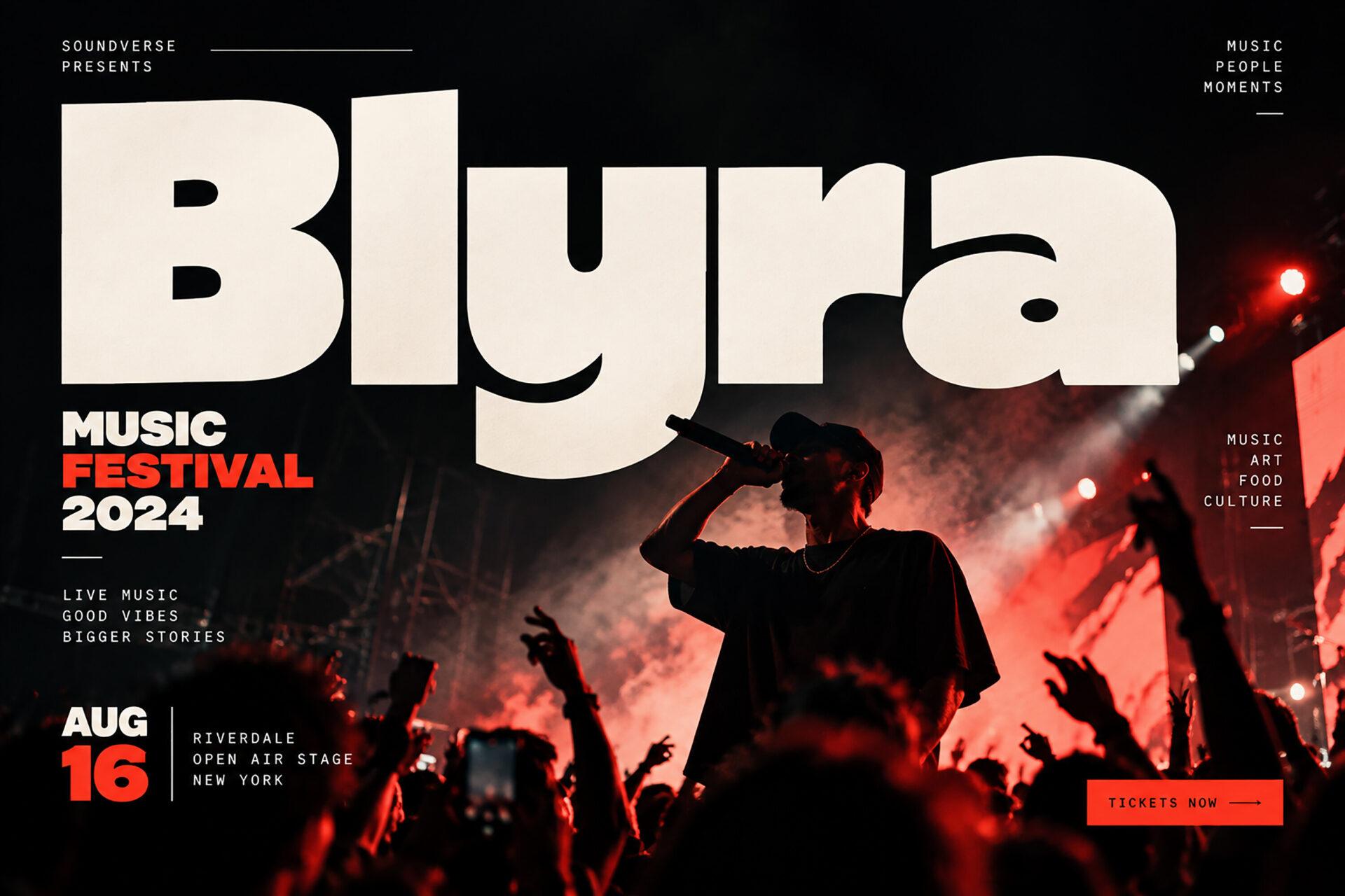 Blyra Font by BILLI, heavy display font on a festival poster