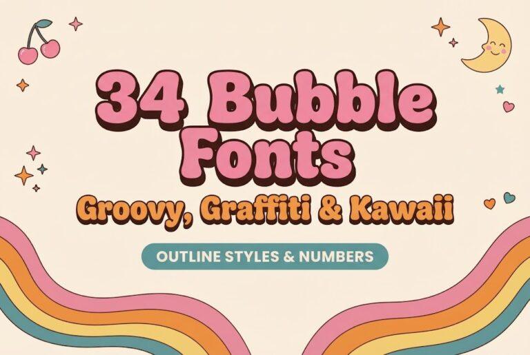 34 Bubble Fonts in groovy, graffiti, kawaii and outline styles on a bright craft flat lay with vinyl sheets, stickers and soap bubbles
