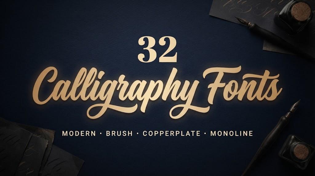 32 Calligraphy Fonts in modern, brush, copperplate and monoline styles