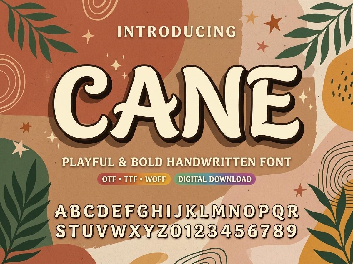 Cane Font preview, playful bold handwritten capitals style
