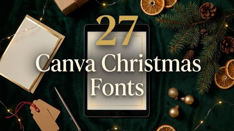Canva Christmas Fonts featured image with a tablet, holiday card and gift tags on dark green velvet