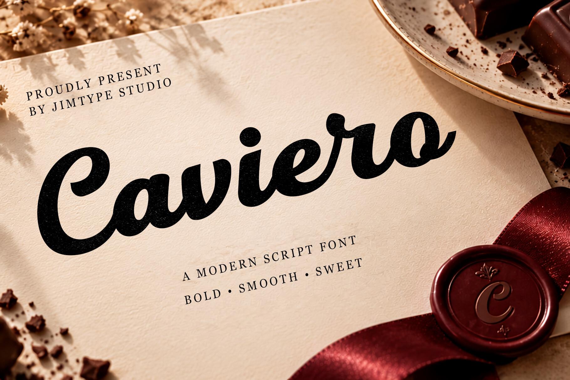 Caviero Font by jimtypestudio, bold smooth script beside a red wax seal