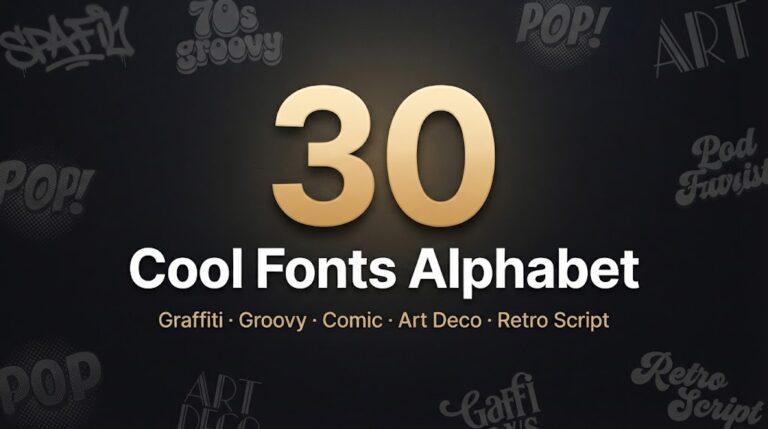 30 cool fonts alphabet styles: graffiti, groovy, comic, Art Deco and retro script