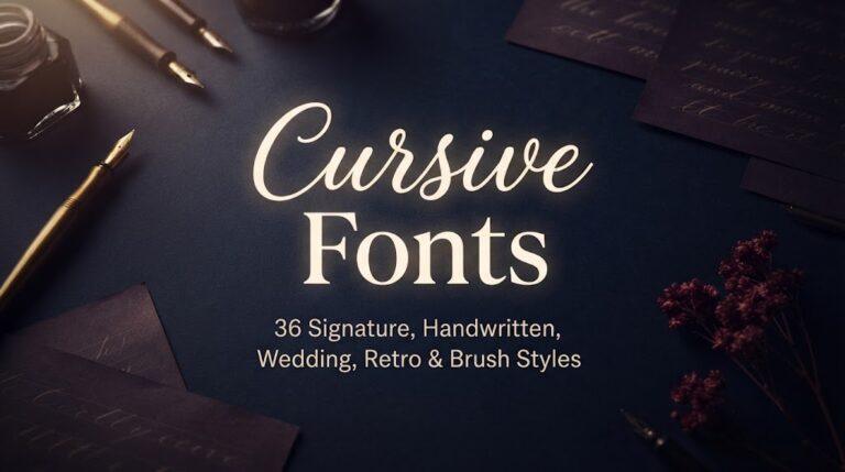 Cursive Fonts: 36 signature, handwritten, wedding, retro and brush styles title on dark navy paper with fountain pen and ink