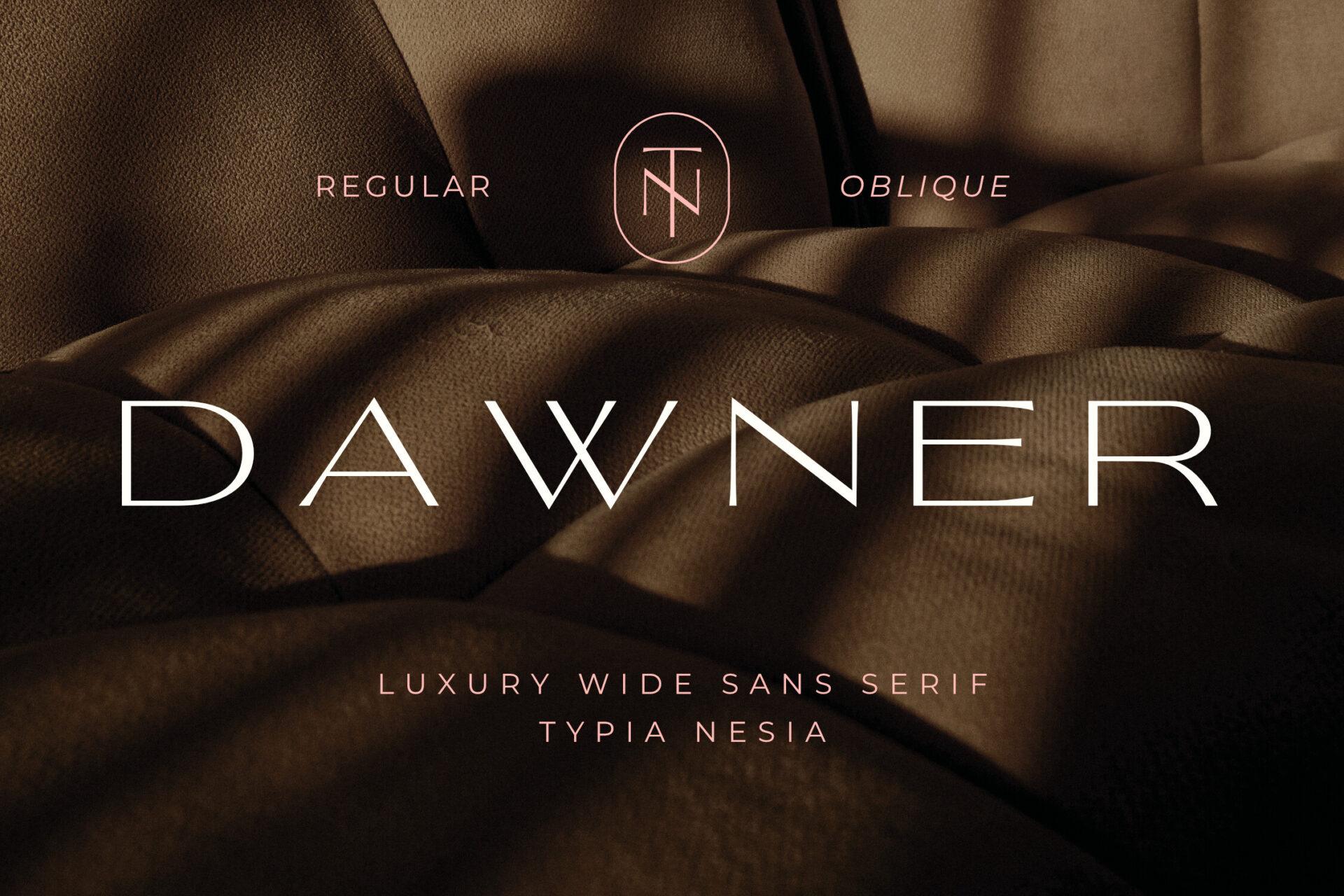 Dawner Font by Typia Nesia, thin wide sans capitals on dark satin