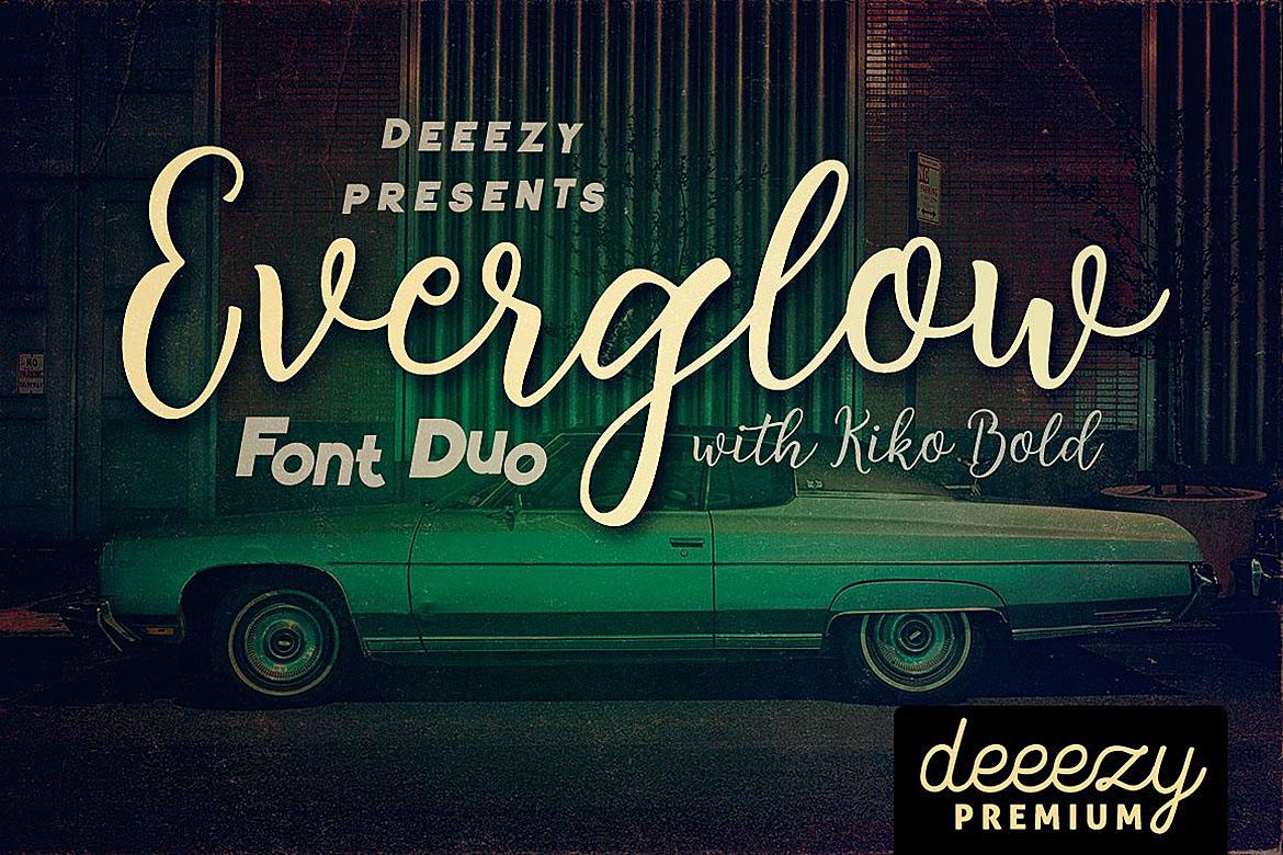 Everglow Script Font preview, script style from the different fonts styles alphabet list