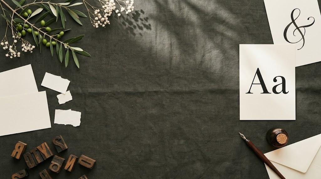 Letterpress type blocks, an Aa font specimen card, a calligraphy ampersand and a dip pen on a dark olive tablecloth