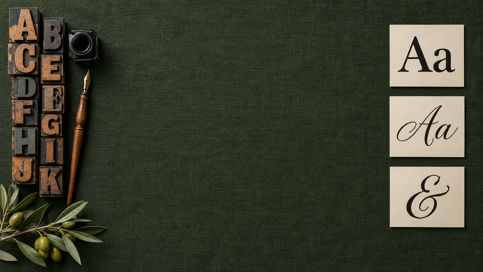 Letterpress type blocks, calligraphy pen and cream cards with serif Aa letters on dark green linen