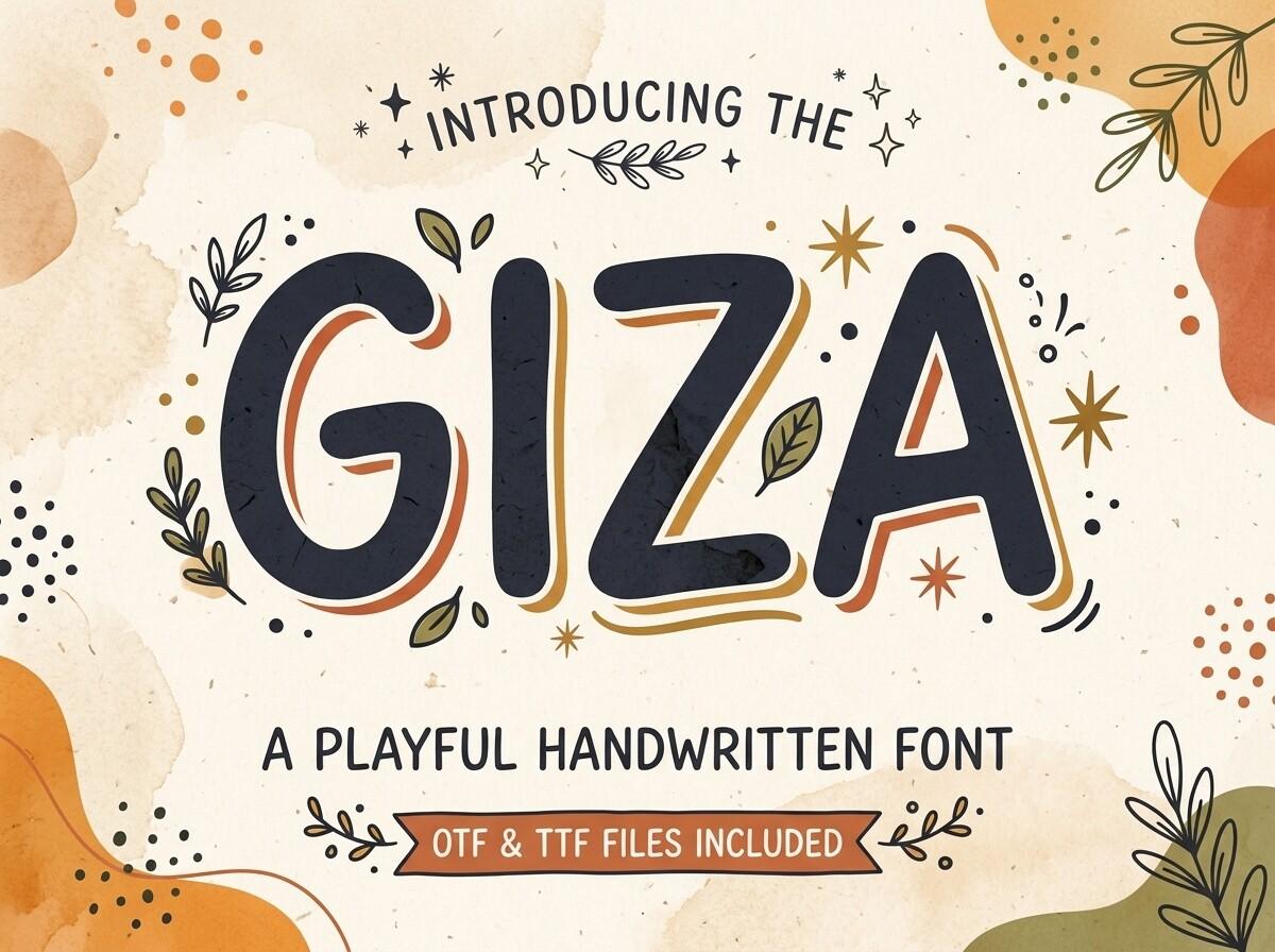 Giza Font preview, playful handwritten capitals with offset lines style