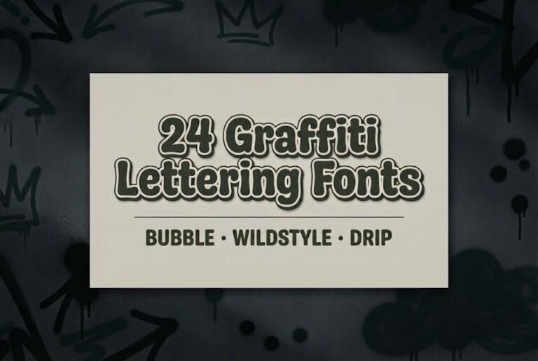 24 Graffiti Lettering Fonts title on a cream paper panel over a plaster wall with olive green spray marks