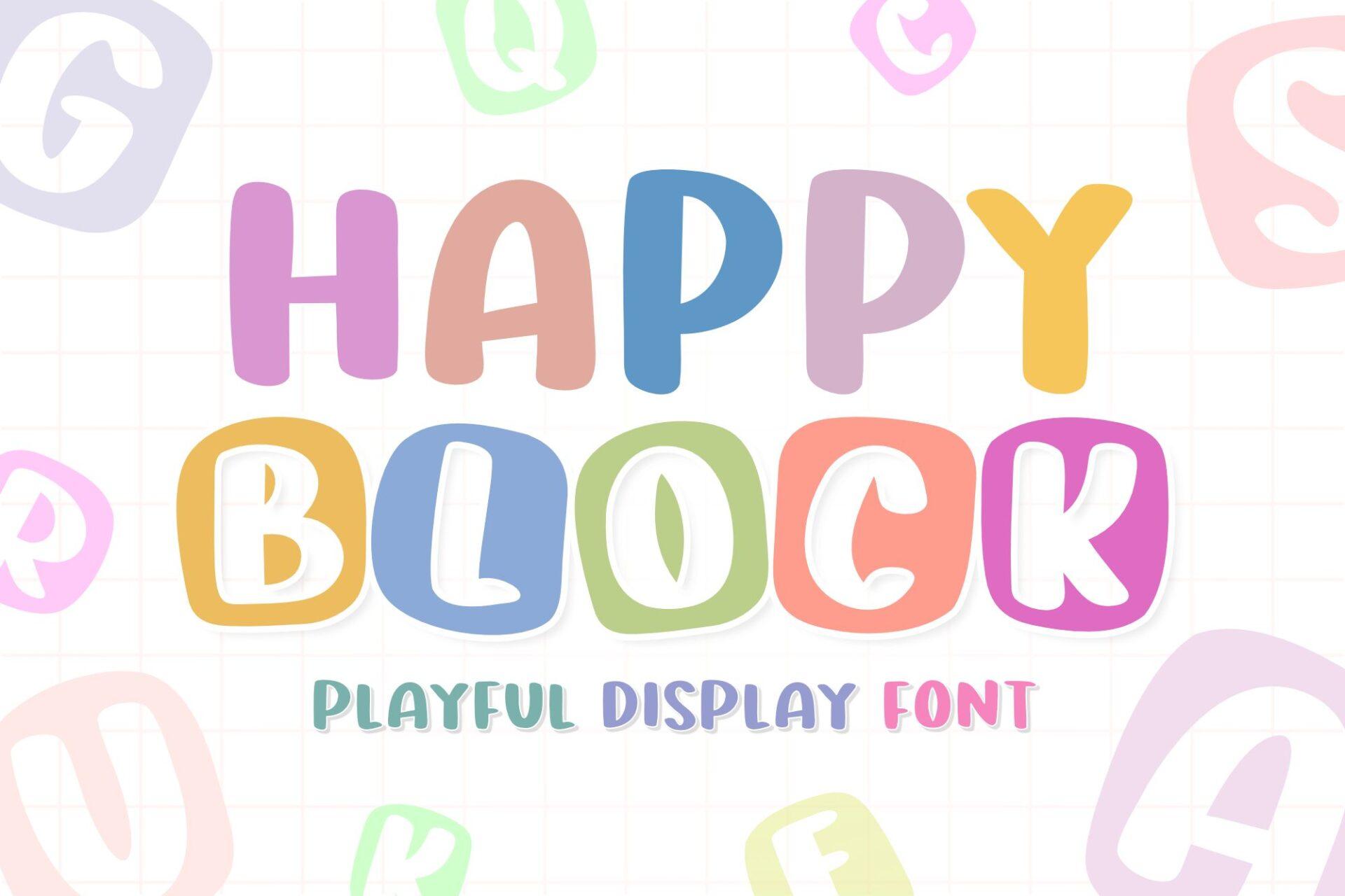 Happy Block Font preview, rounded playful block capitals style
