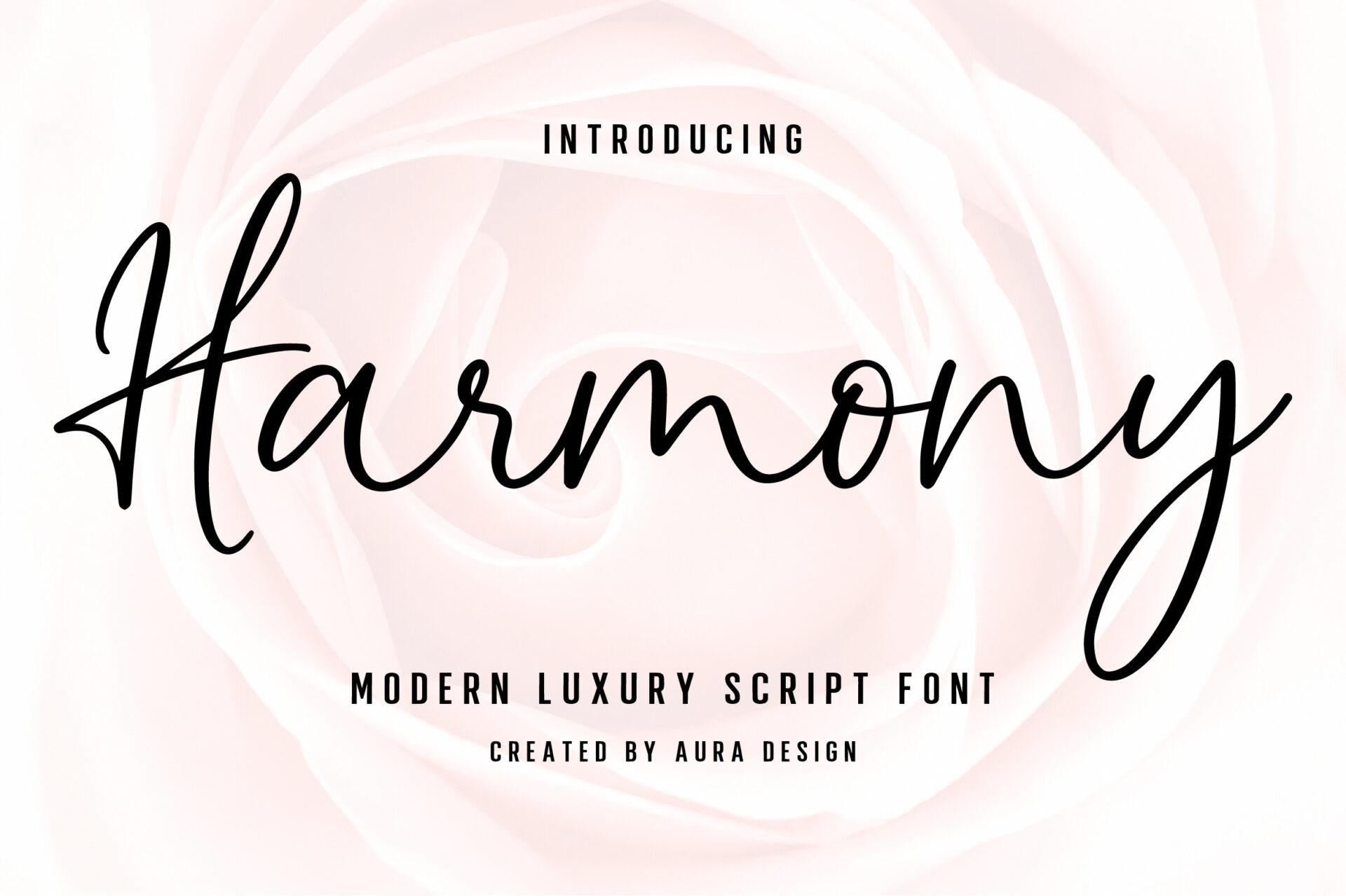 Harmony Font by Aura Design, thin handwritten script over a pink rose