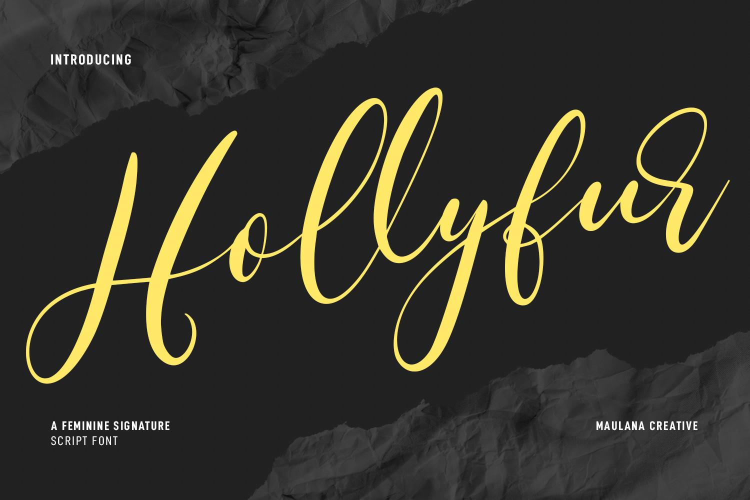 Hollyfur Script Font by Maulana Creative, yellow signature script on dark