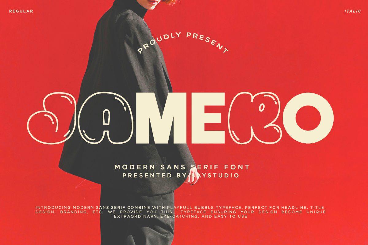 Jamero Font by SayStudio, outlined retro display on red