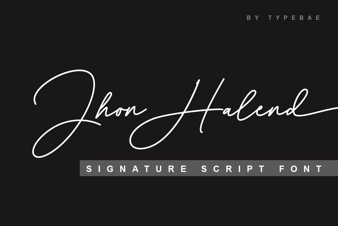 Jhon Halend Font preview, signature script with a long cross stroke style