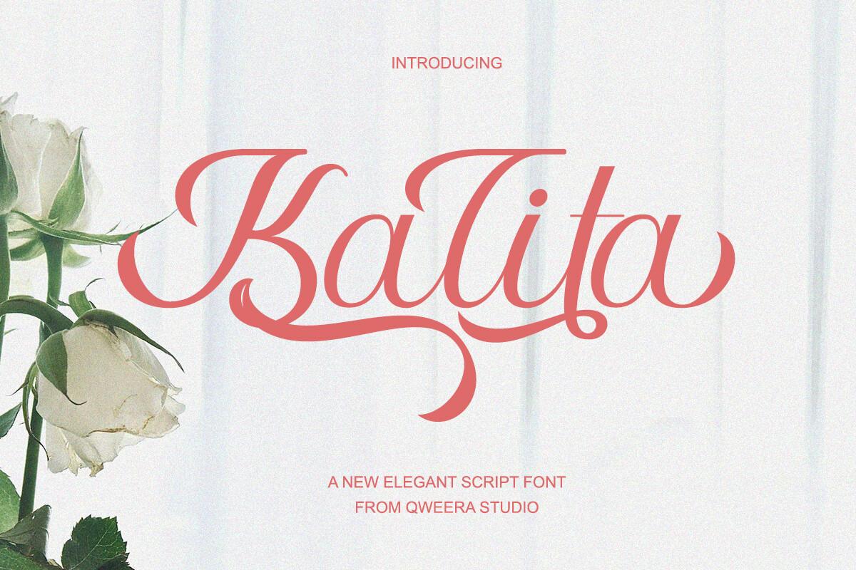 Kalita Font by Qweera Studio, coral pink script beside roses