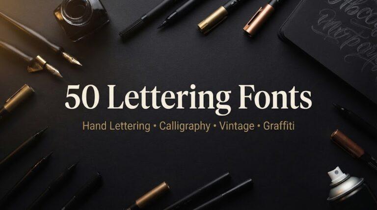 50 Lettering Fonts title on a dark desk with a calligraphy pen, ink bottle, brush pens and gold markers