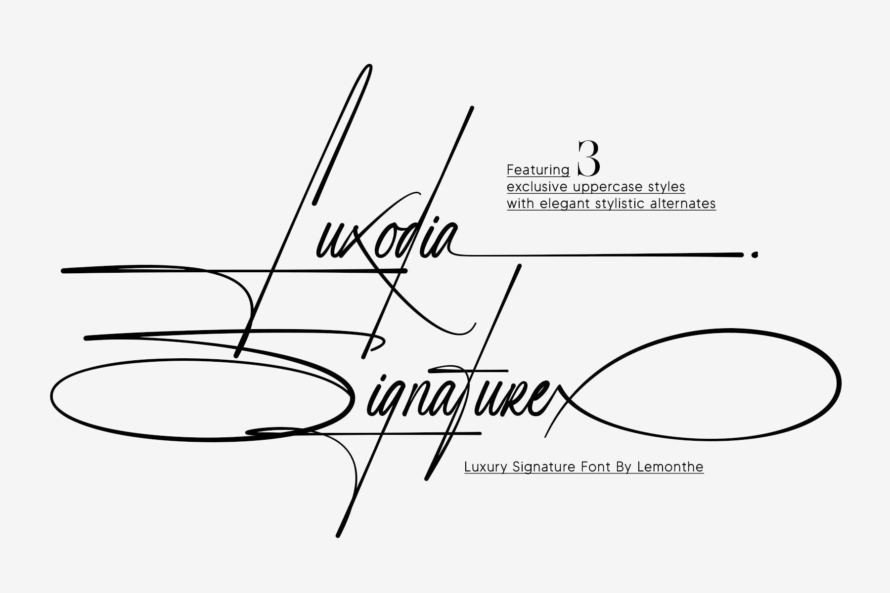 Luxodia Signature Font preview, signature with oversized swashes style