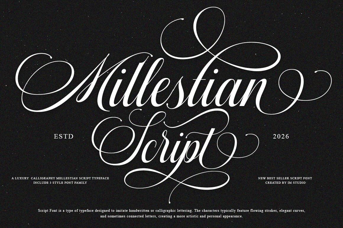 Mallestian Script Font preview, vintage hairline script style