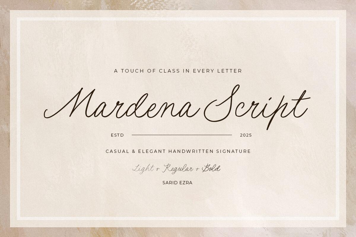 Mardena Font by saridezra, thin slanted signature script in a pale frame
