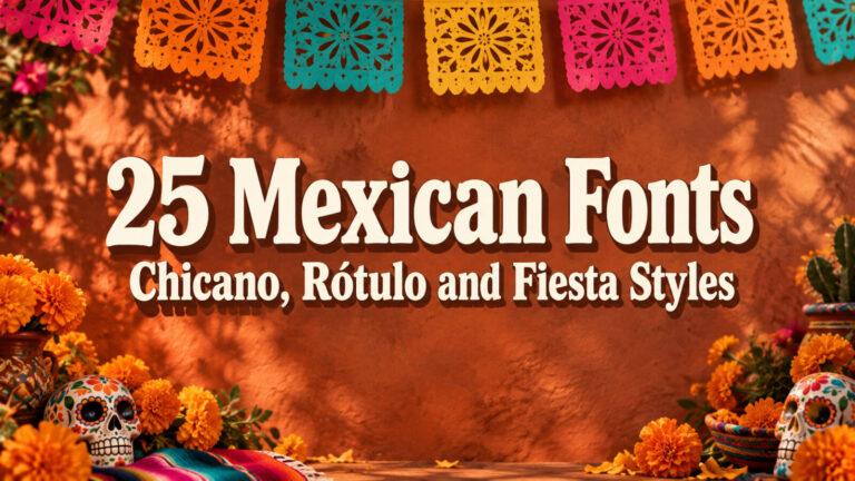 25 Mexican Fonts title in the center with colorful papel picado banners, marigolds and sugar skulls on a terracotta wall