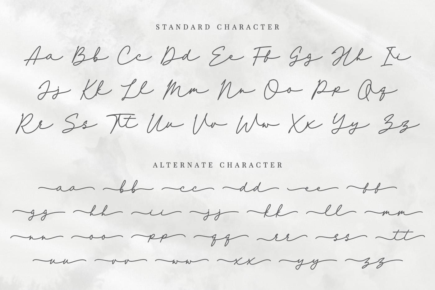 Mirela Charis Font alphabet by Kotak Kuning Studio