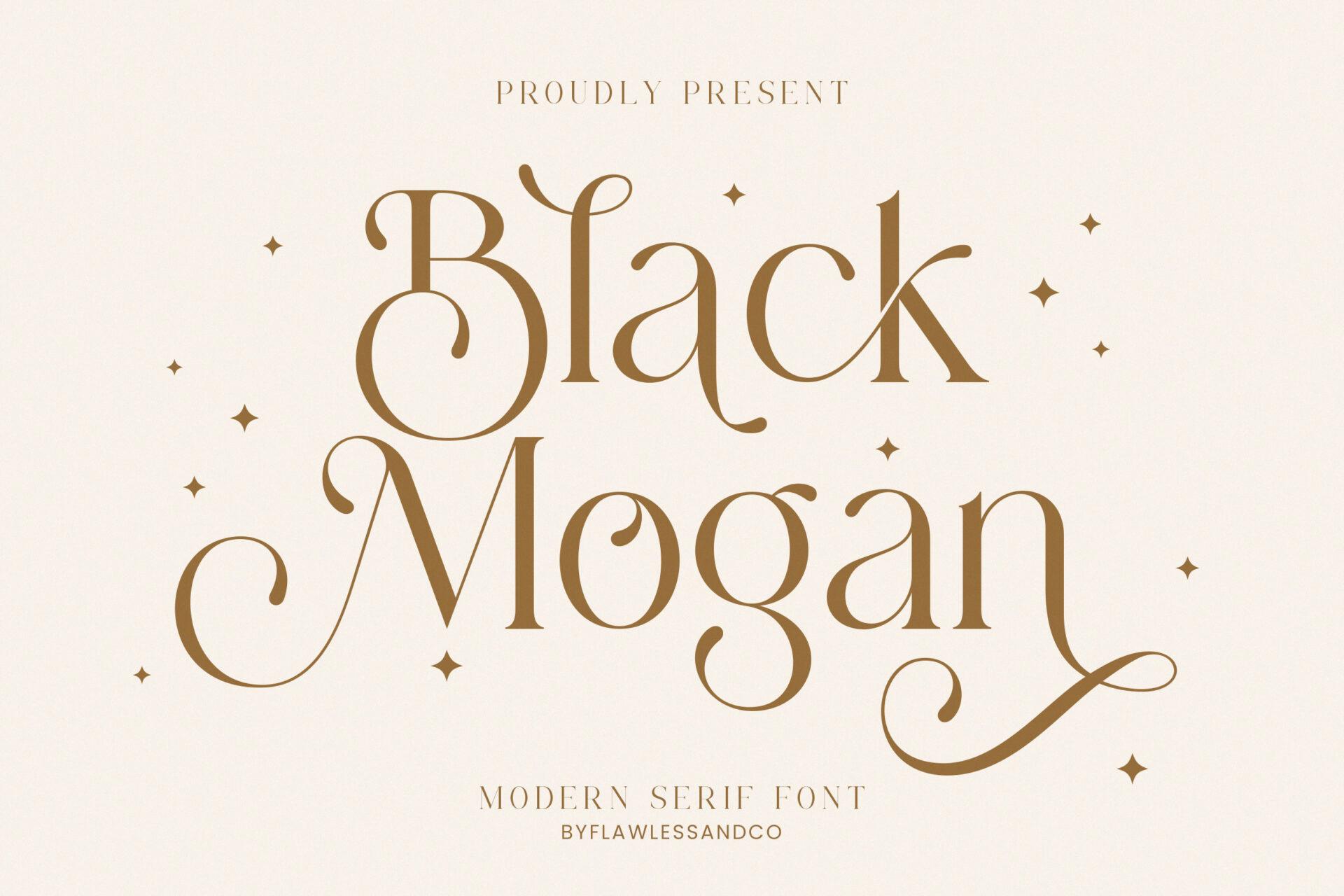 Black Mogan Font by Flawless And Co, gold modern serif with swashes on cream
