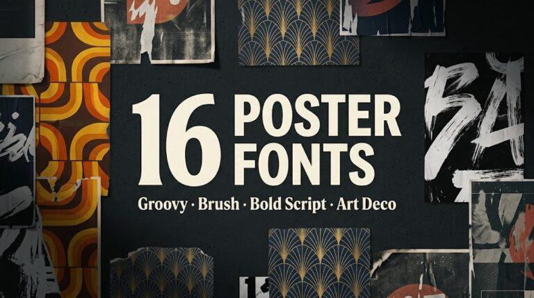16 poster fonts in groovy, brush, bold script and Art Deco styles on a dark poster wall