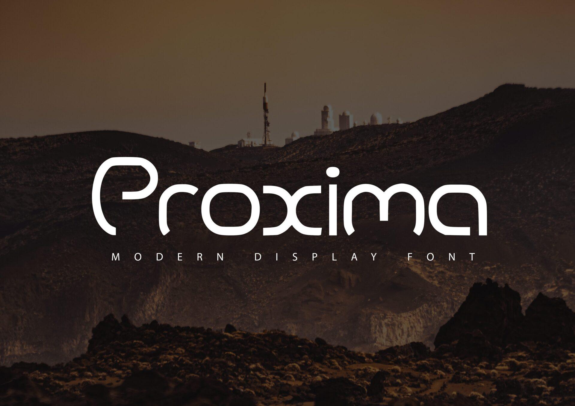 Proxima Font by alchemynoir, rounded futuristic display in white over mountains