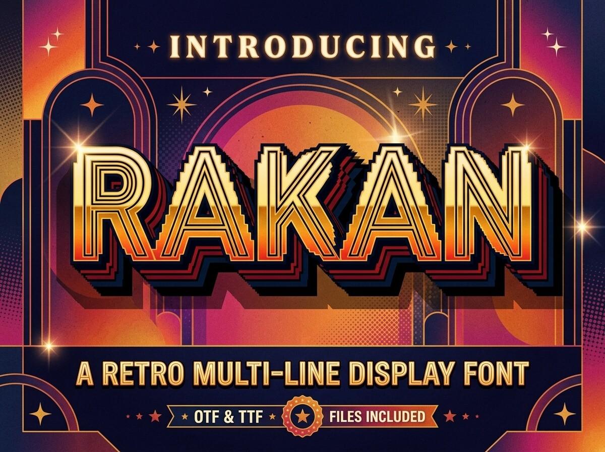 Rakan Font preview, retro multi-line inline capitals style