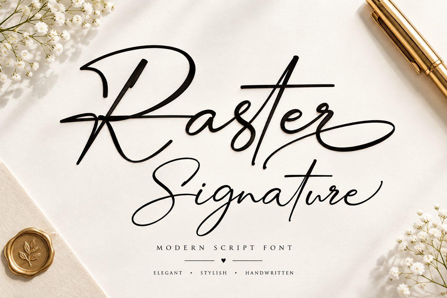 Raster Font preview, contrast signature script with swashes style
