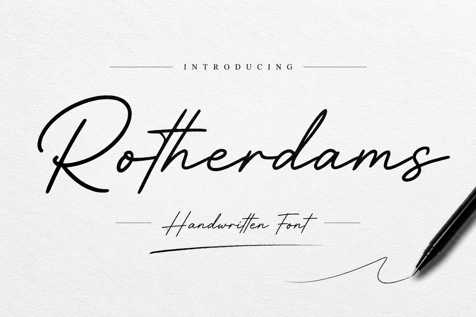 Rotherdams Font preview, pen-written signature with an extended stroke style