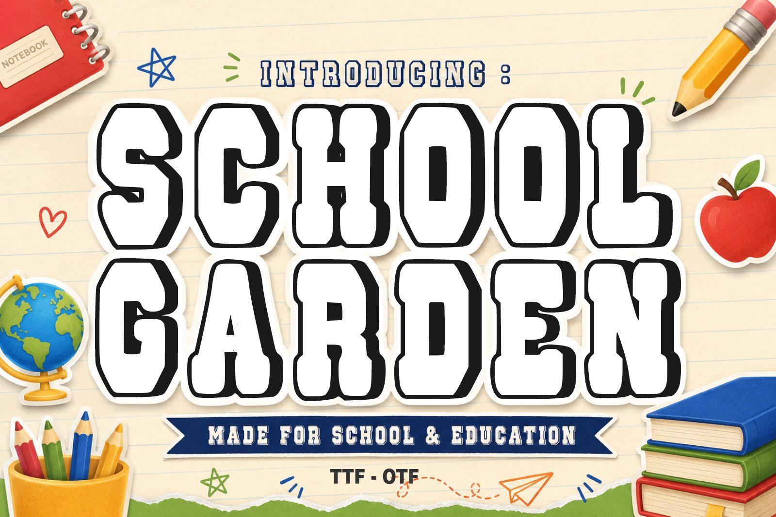 School Garden Font preview, bold display style from the different fonts styles alphabet list