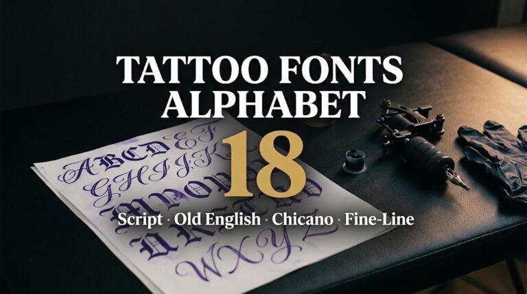 Tattoo Fonts Alphabet cover with a tattoo stencil sheet showing script and Old English letters