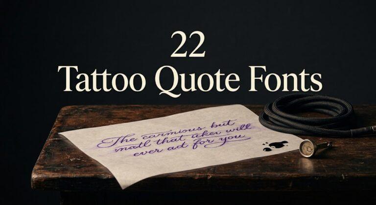 22 tattoo quote fonts featured image with a tattoo stencil phrase on a dark studio table