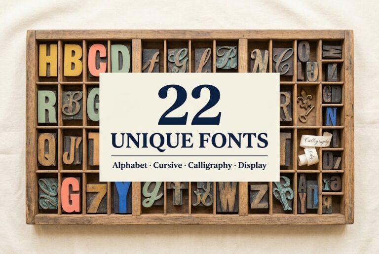 22 unique fonts alphabet: cursive, calligraphy, retro and display styles
