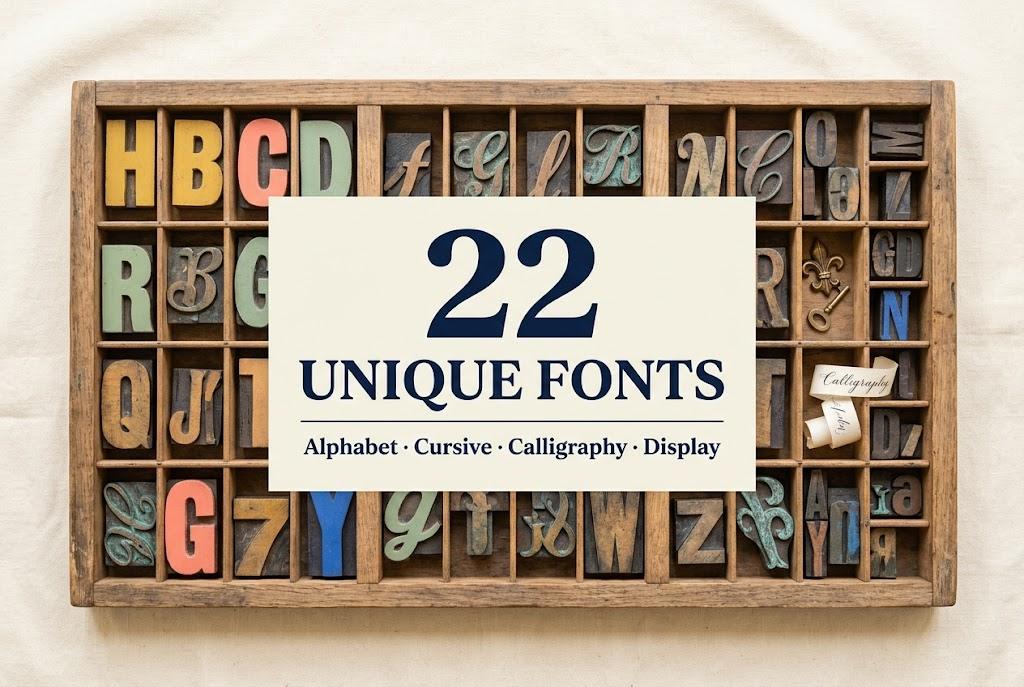 Unique Fonts Alphabet: 22 Unusual Cursive, Calligraphy, Retro and Display Styles for Logo Makers, Shirt Designers and Crafters