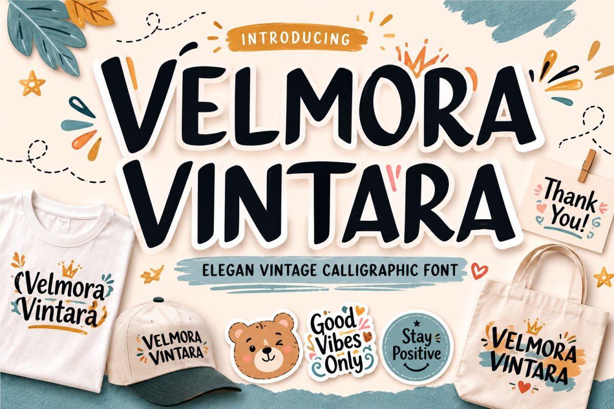 Velmora Vintara Font preview, hand-lettered vintage capitals style
