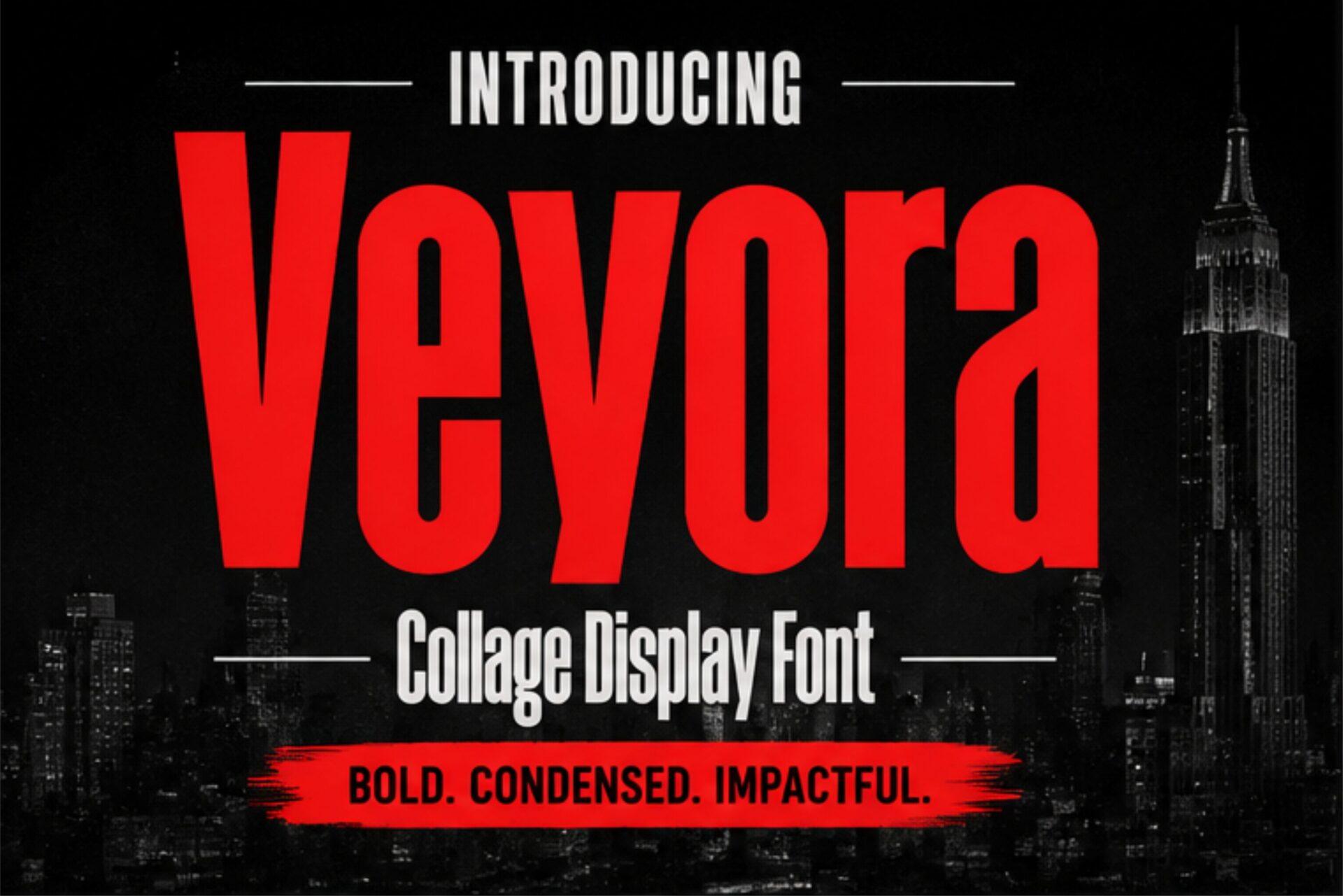 Veyora Font preview, tall condensed bold sans style