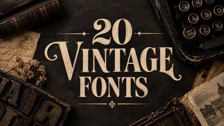 Vintage Fonts title in bold retro lettering on an aged cream paper background with a red ornamental border