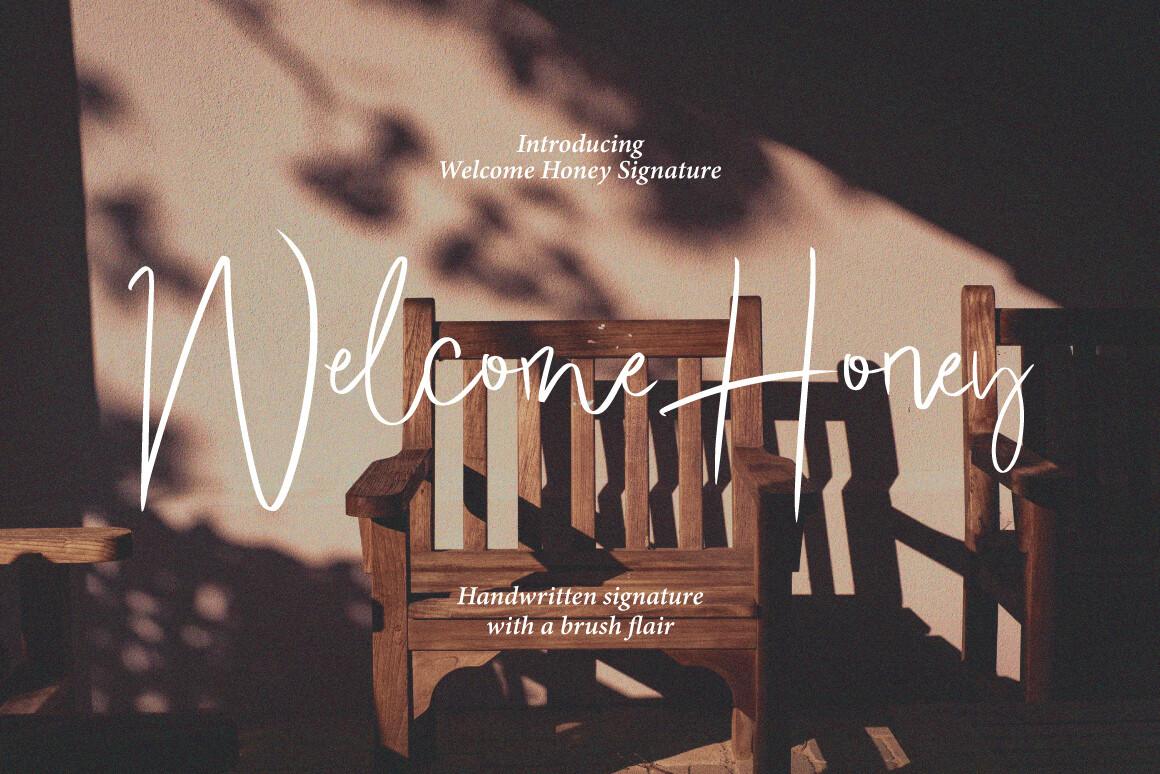 Welcome Honey Font preview, light signature with brush accent style