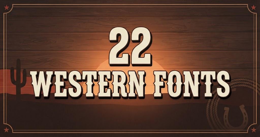 22 Western Fonts for posters, logos and rodeo merch, cream slab lettering on a dark brown wood plank background with a cactus and rope