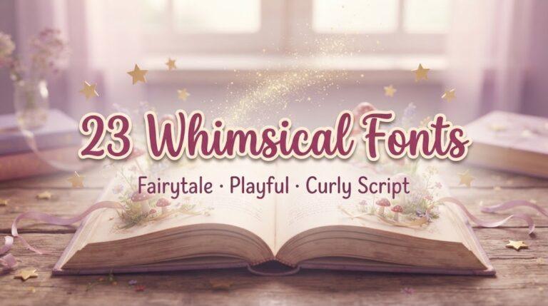 23 Whimsical Fonts featured image with an open fairytale book, mushrooms, stars and fairy dust in pastel pink