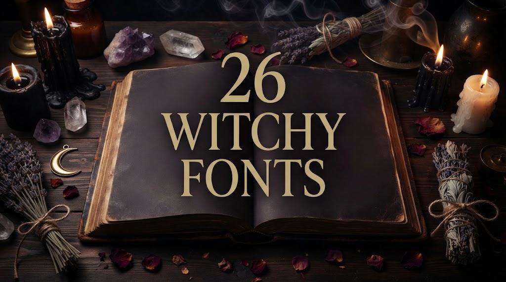 Witchy Fonts – 26 font styles over an open spell book with candles, crystals and dried herbs